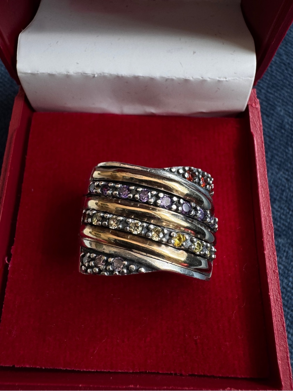 DESIGNER CJ 925 Sterling & 18K MULTISTONE Cocktail Ring Size 7